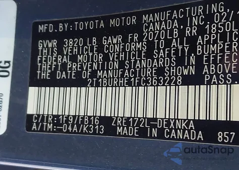 2015 Toyota Corolla Le z USA, uszkodzony, nr VIN 2T1BURHE1FC363228